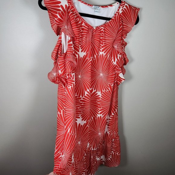 J Crew Dress Womens S Red Orange Floral Ruffle Flutter Sleeveless Keyhole Sun - Picture 5 of 12